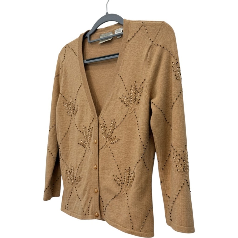 Cache Silk Cashmere Beaded Cardigan Size S Tan V-Neck 3/4 Sleeve Sweater